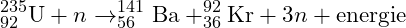 \[ ^{235}_{92}\mathrm{U} + n \rightarrow ^{141}_{56}\mathrm{Ba} + ^{92}_{36}\mathrm{Kr} + 3n + \text{energie} \]